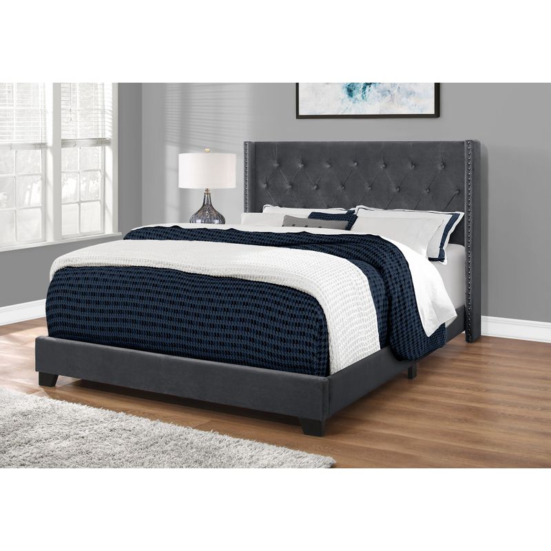 Bed - Queen Size / Dark Grey Velvet With Chrome Trim