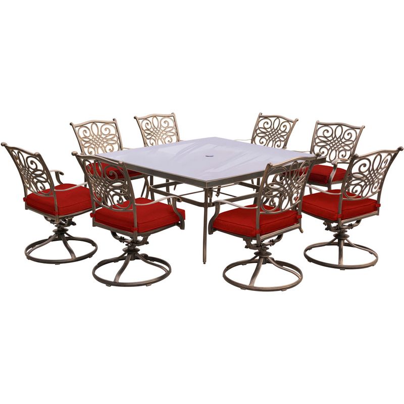 Traditions 9pc: 8 Swivel Rockers, 60" Square Glass Top Table