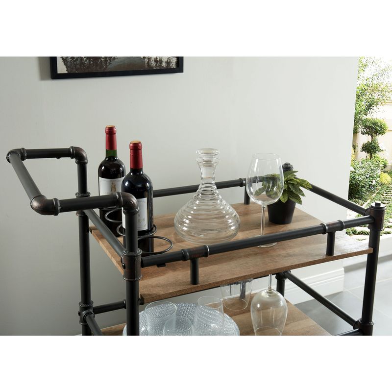 Industrial Metal Serving Cart in Antique Black/Oak