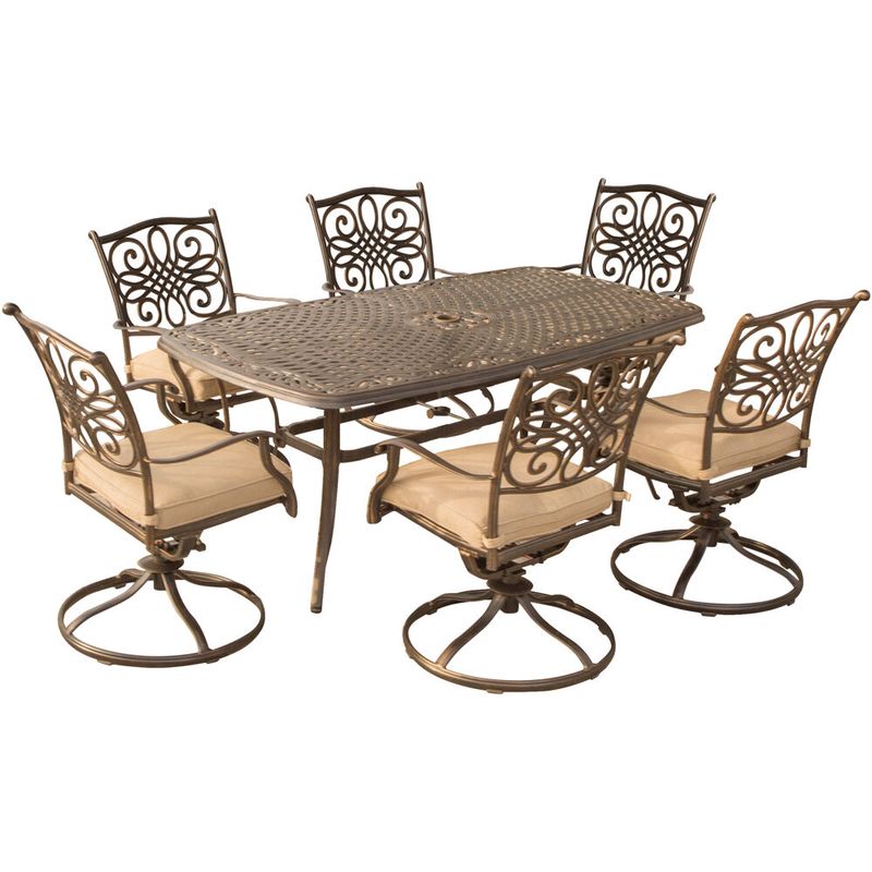 Traditions 7pc: 6 Swivel Rockers, 38x72" Cast Table