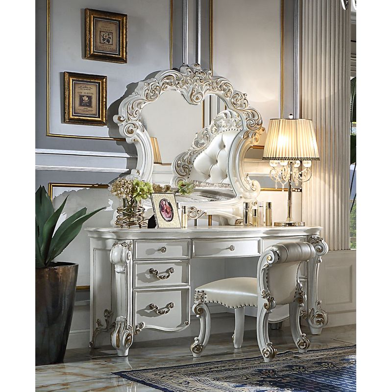 ACME Vendome Vanity Desk, Beige Synthetic Leather & Antique Silver Finish