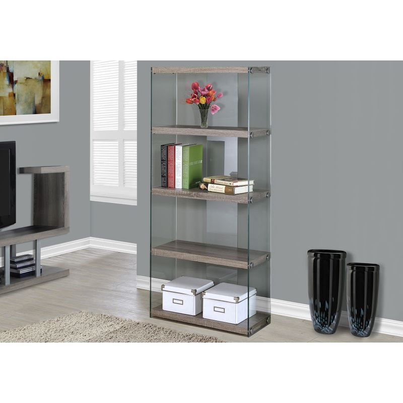 Bookshelf/ Bookcase/ Etagere/ 5 Tier/ 60"H/ Office/ Bedroom/ Tempered Glass/ Laminate/ Brown/ Clear/ Contemporary/ Modern