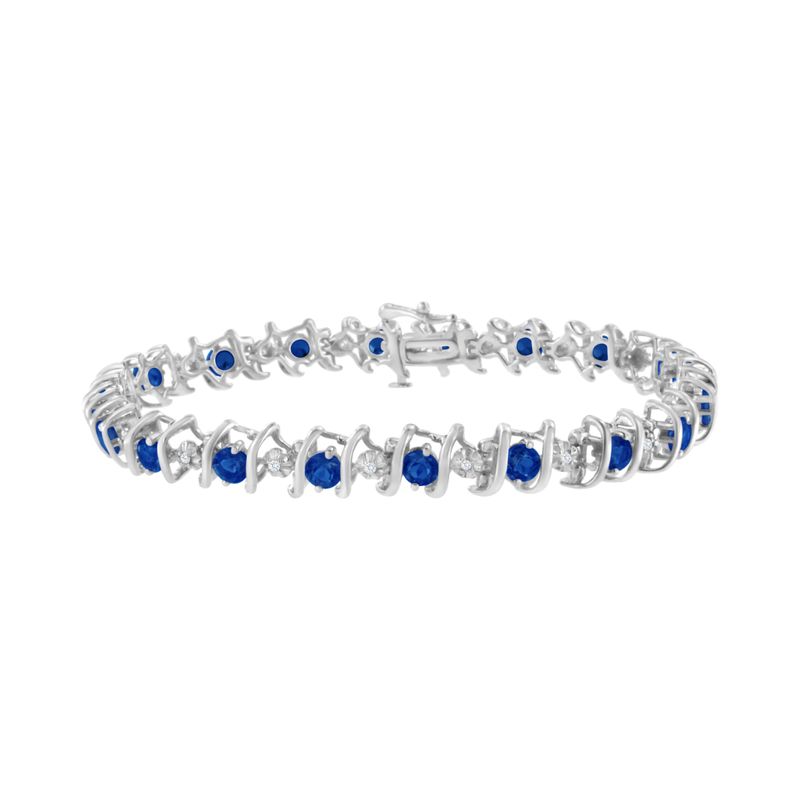 .925 Sterling Silver, Lab-Grown Gemstone and 4 Cttw Round Diamond Tennis Bracelet (H-I Color, I1-I2 Clarity) - Created Blue Sapphire, Septem