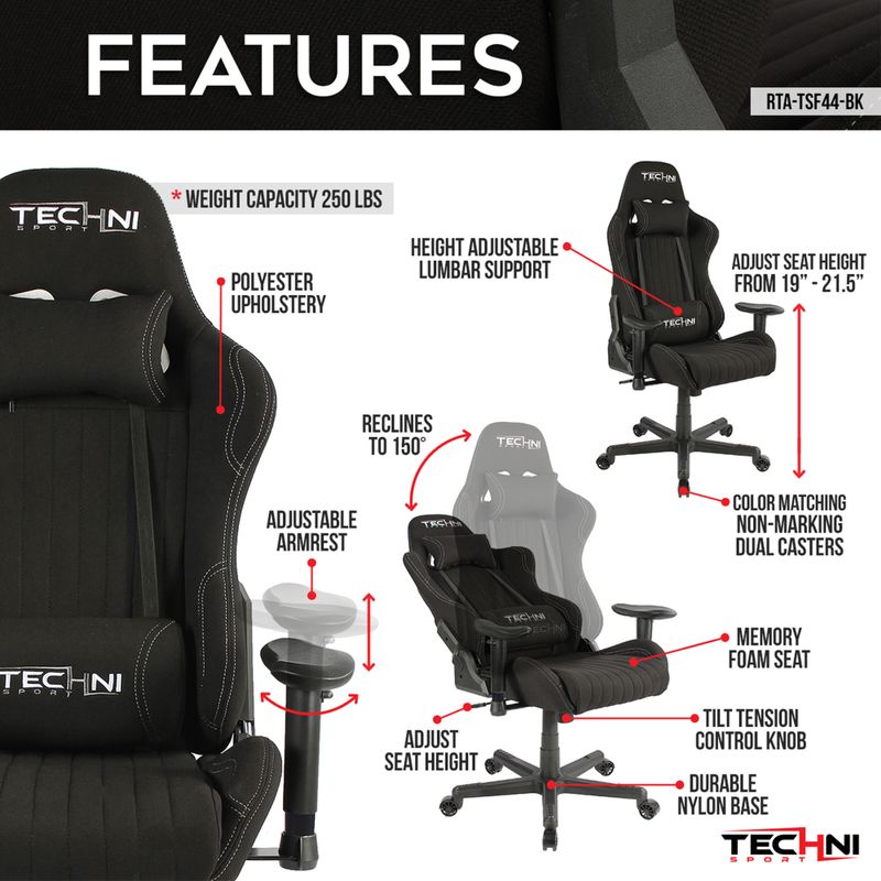 Fabric Ergonomic High Back Racer Style PC/Gaming Chair, Black