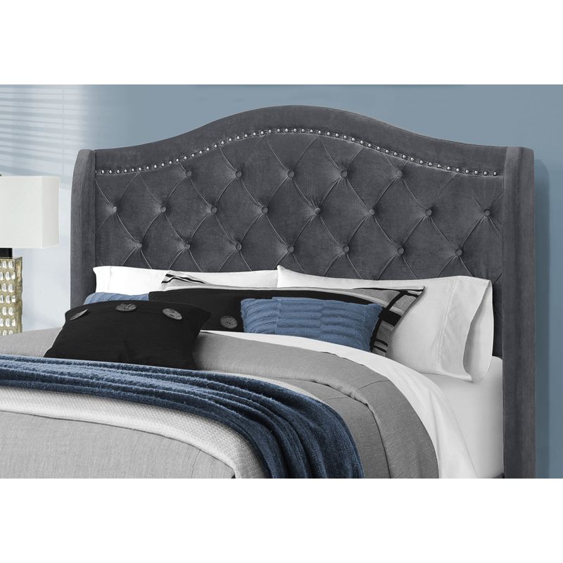 Bed - Queen Size / Dark Grey Velvet With Chrome Trim