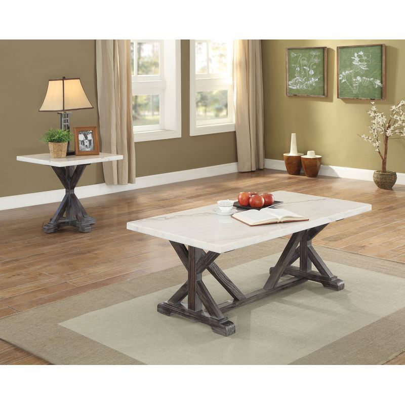 ACME Romina End Table, White Nature Marble Top & Weathered Espresso