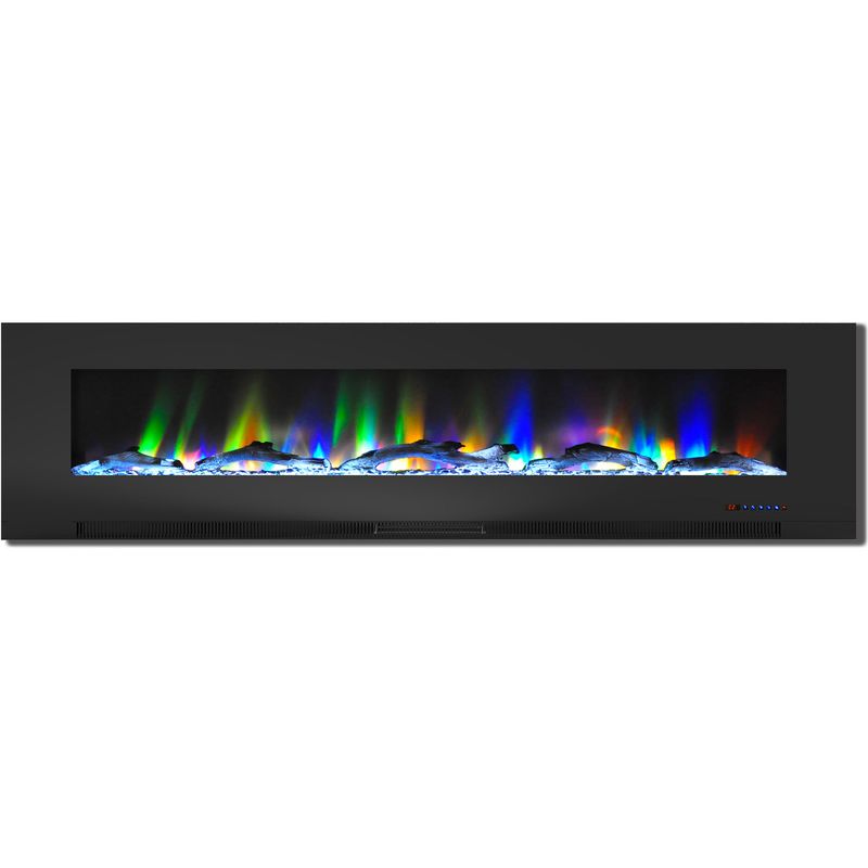 78-In. Wall-Mount Electric Fireplace in Black with Multi-Color Flames and Driftwood Log Display