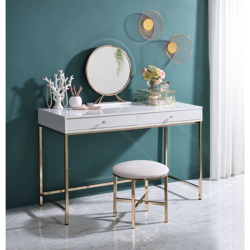 ACME Ottey Vanity Desk(Same 92540), White High Gloss & Gold Finish