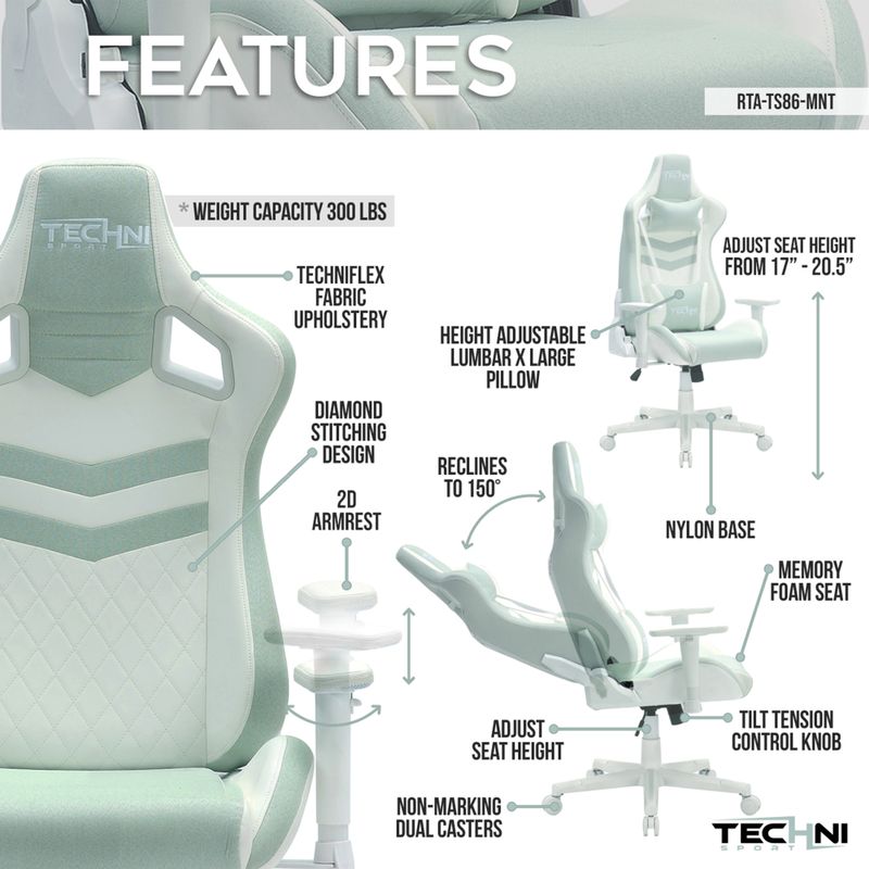 Ergonomic Pastel Gaming Chair, Mint