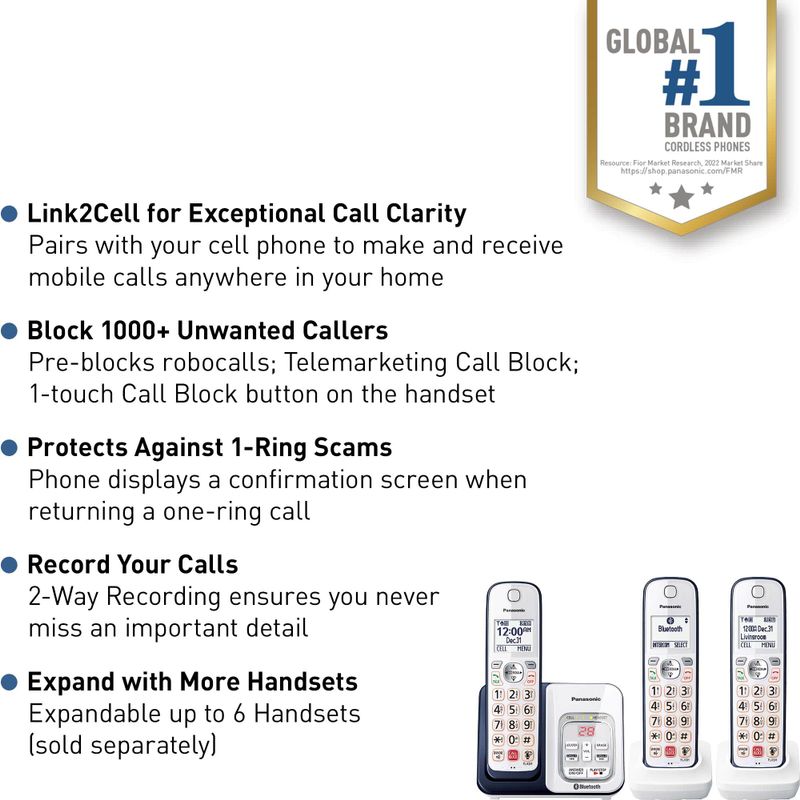 Panasonic - KX-TGD863A Link2Cell DECT 6.0 Expandable Cordless Phone System with Digital Answering System - White/Navy Blue