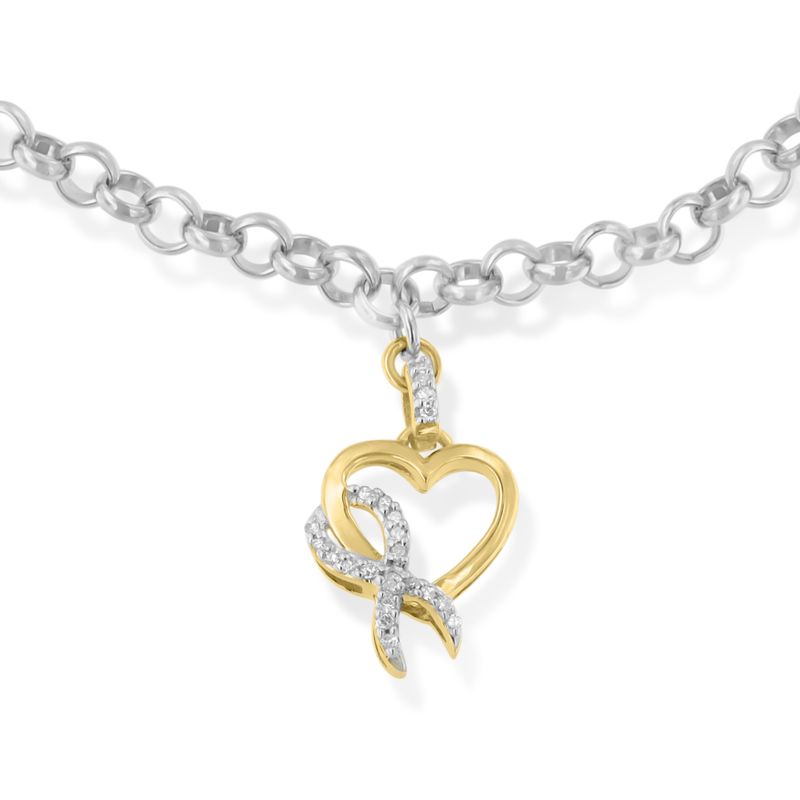 10K Yellow Gold 1/10 Cttw Diamond Awareness Ribbon & Heart Charm on 7" .925 Sterling Silver Rolo Bracelet (H-I Color, I1-I2 Clarity)