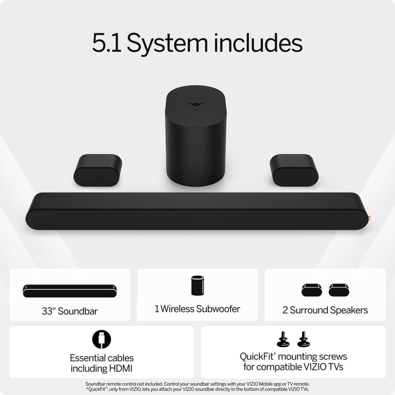 VIZIO - 5.1 Soundbar, Wireless Subwoofer, Surround Sound w/ Dolby Atmos and DTS:X - Black