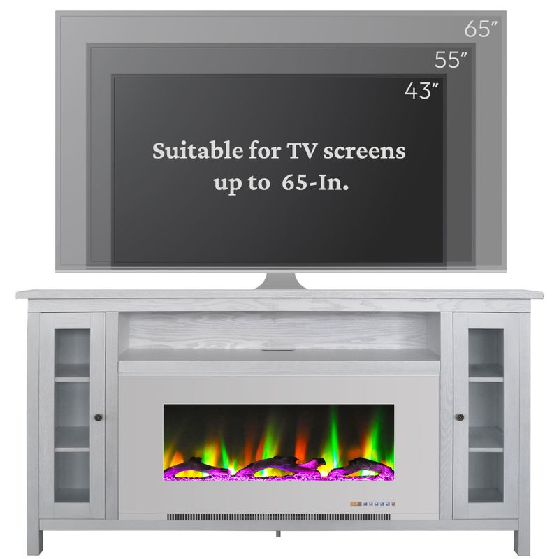 Somerset 70-In. White Electric Fireplace TV Stand with Multi-Color LED Flames, Driftwood Log Display, and Remote Control