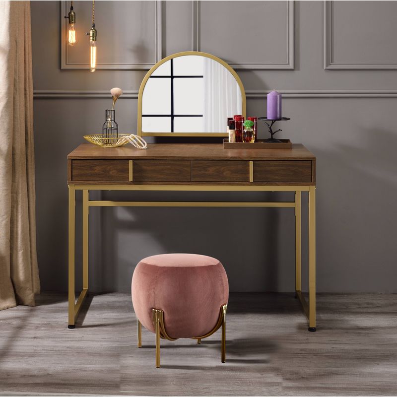 ACME Coleen Vanity Desk w/Mirror & Jewelry Tray, Walnut & Gold Finish