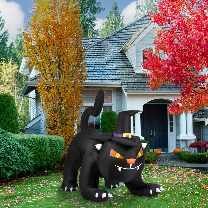 6-ft. Wide Prelit Inflatable Black Cat with Witch Hat