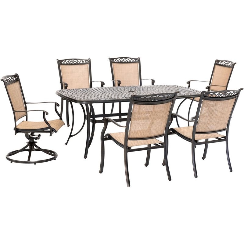 Fontana 7pc: 4 Dining Chairs, 2 Swivel Rockers, 38"x72" Cast Table