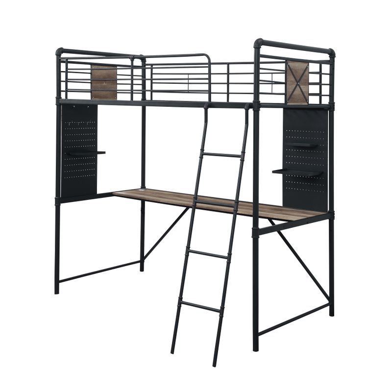 ACME Cordelia Twin Loft Bed w/Desk, Antique Oak, Sandy Black & Dark Bronze Hand-Brushed Finish