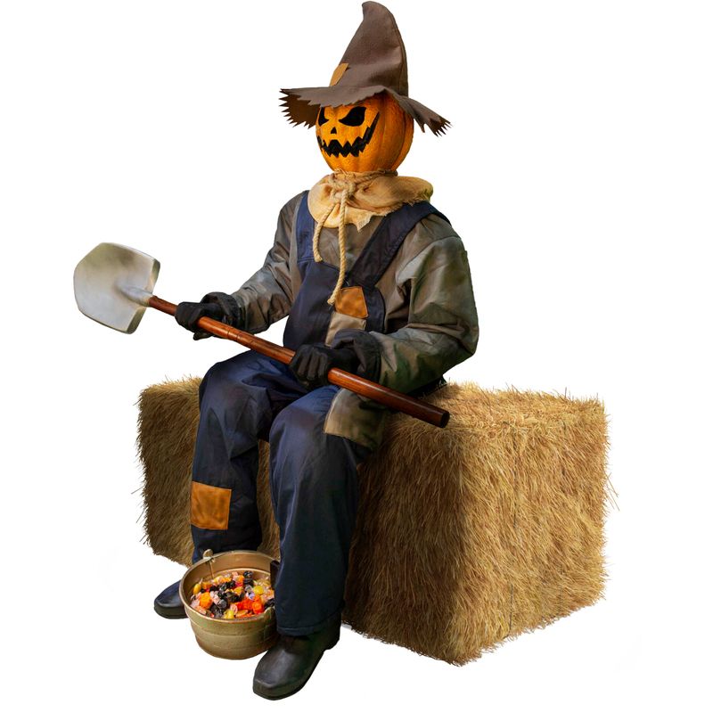 Motion Activated Smiling Jack the Sitting Scarecrow by Tekky, Premium Talking Halloween Animatronic, Plug-In or Battery