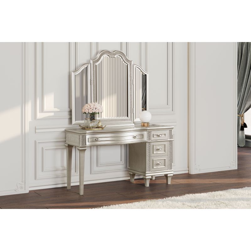 Evangeline 4-drawer Vanity Table with Faux Diamond Trim Silver and Ivory