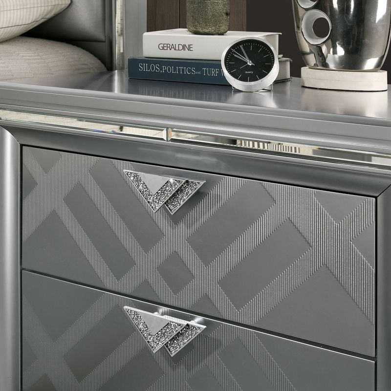 Contemporary 2-Drawer Wood Nightstand with USB Ports in Silver