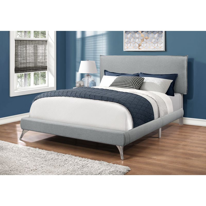 Bed - Queen Size / Grey Linen With Chrome Legs