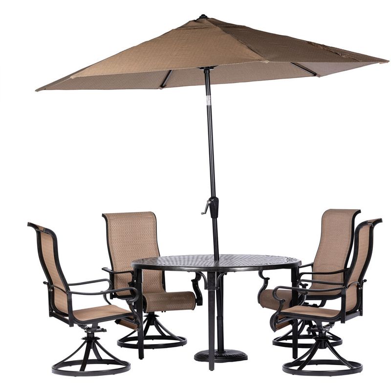 Brigantine 5pc: 4 Sling Swivel Chairs, 50" Round Cast Table, Umbrella & Base