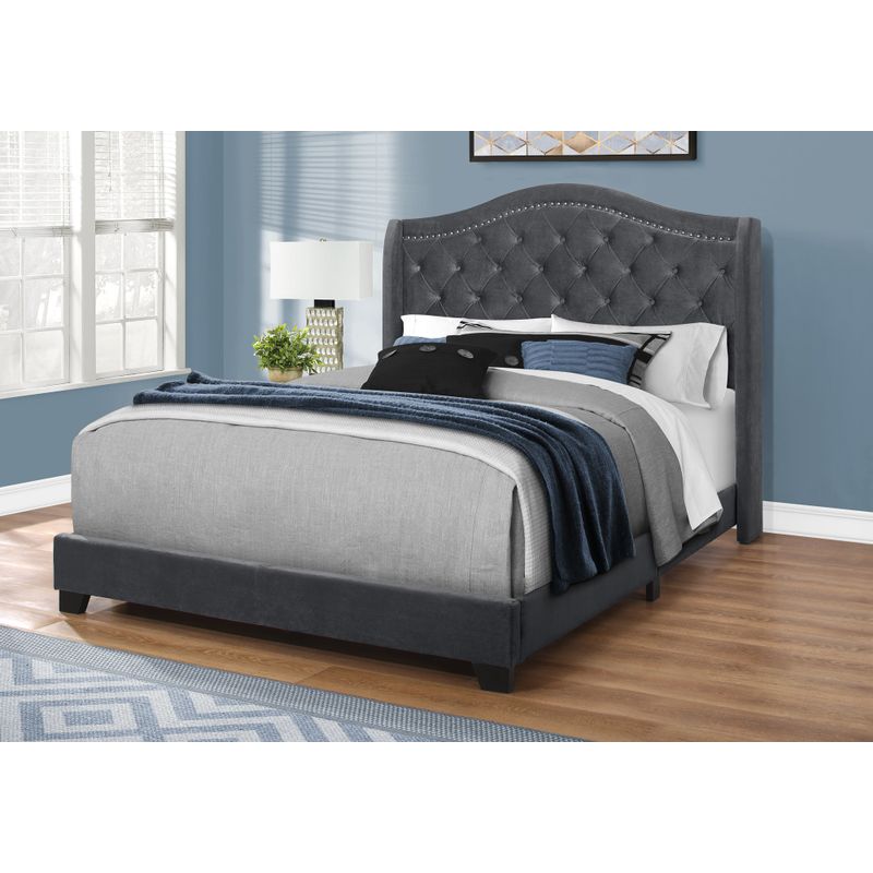 Bed - Queen Size / Dark Grey Velvet With Chrome Trim