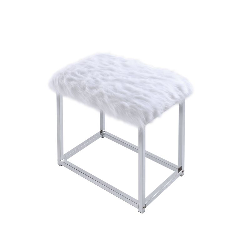 ACME Adao Vanity Mirror & Stool, Faux Fur, Mirror, White & Chrome Finish