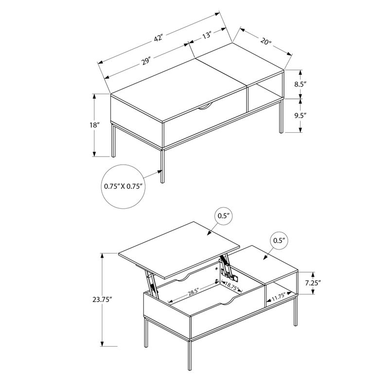 Coffee Table - 42"L / Lift-Top Dark Taupe / Black Metal