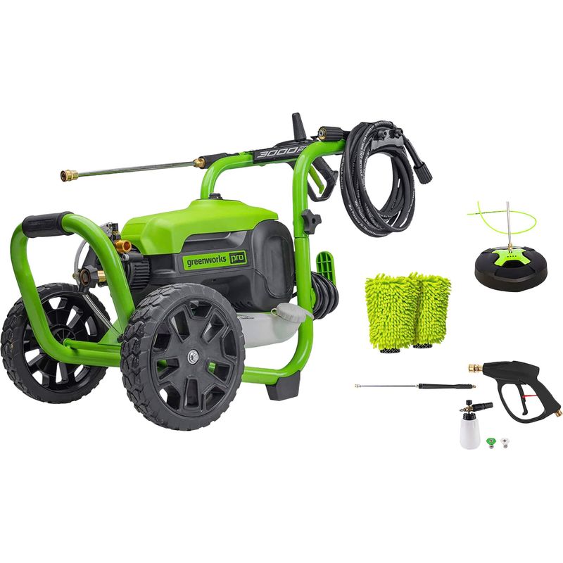 Greenworks - Electric Pressure Washer up to 3000 PSI at 2.0 GPM Combo Kit with short gun, mitts, and 15" surface cleaner - Green