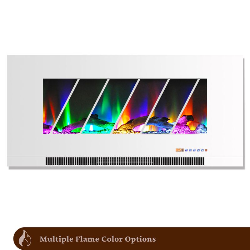 Somerset 70-In. White Electric Fireplace TV Stand with Multi-Color LED Flames, Driftwood Log Display, and Remote Control