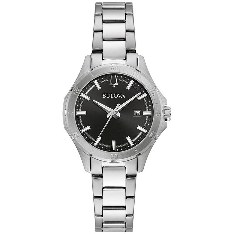 Bulova - Ladies Corporate Collection Silver-Tone Stainless Steel Watch Black Dial