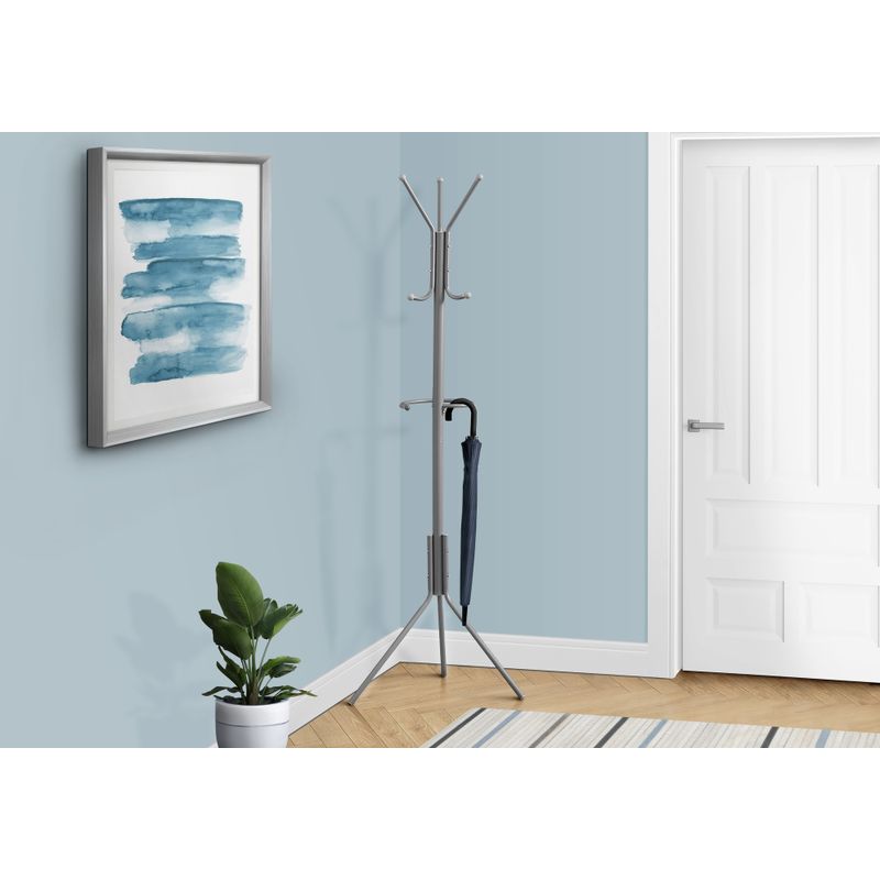 Coat Rack/ Hall Tree/ Free Standing/ Hanging Bar/ 6 Hooks/ Entryway/ 68"H/ Bedroom/ Metal/ Grey/ Contemporary/ Modern