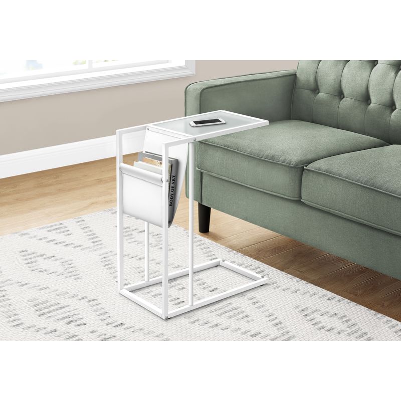 Accent Table/ C-shaped/ End/ Side/ Snack/ Magazine Storage/ Living Room/ Bedroom/ Metal/ Pu Leather Look/ Tempered Glass/ White/ Contemporar