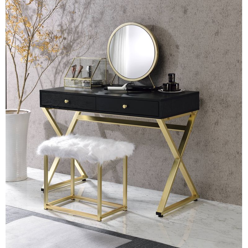 ACME Adao Vanity Mirror & Stool, Faux Fur, Mirror, Black & Brass Finish