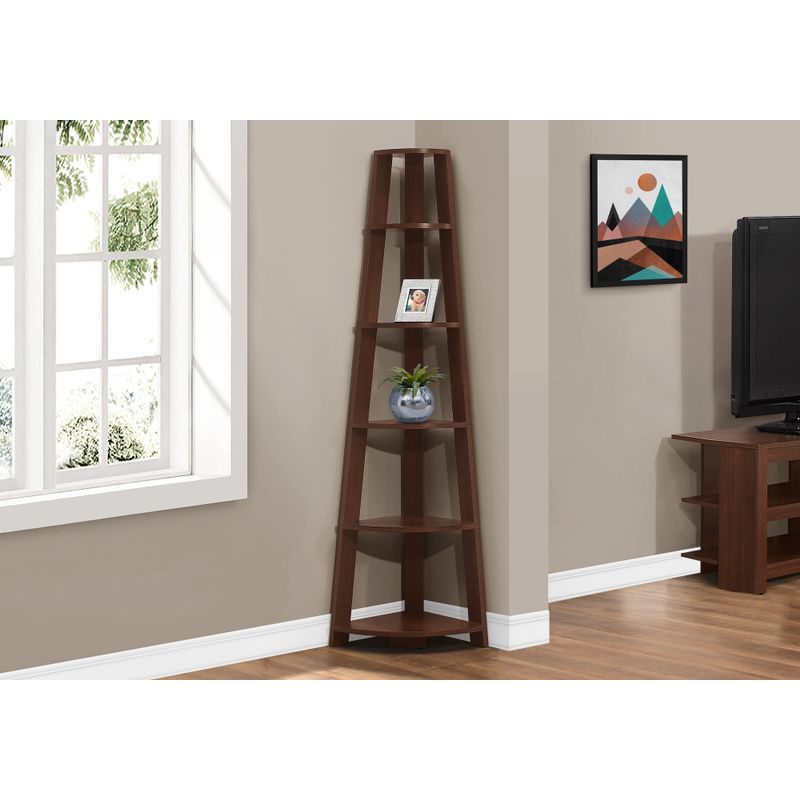 Bookshelf/ Bookcase/ Etagere/ Corner/ 5 Tier/ 72"H/ Office/ Bedroom/ Laminate/ Brown/ Contemporary/ Modern