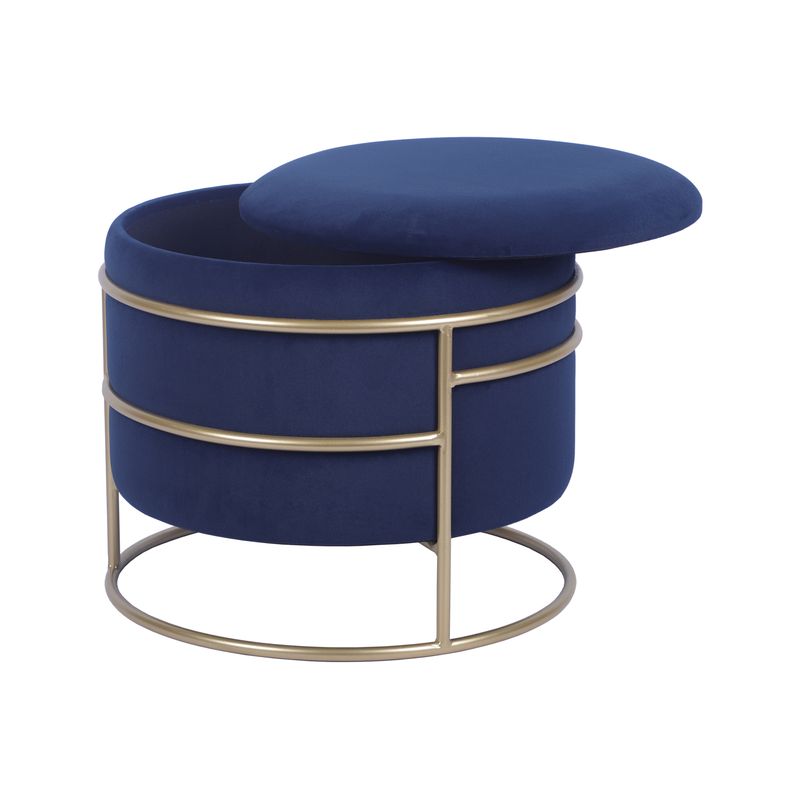 Techni Home Elegant Velvet Round Ottoman with Gold Frame and Storage, Blue