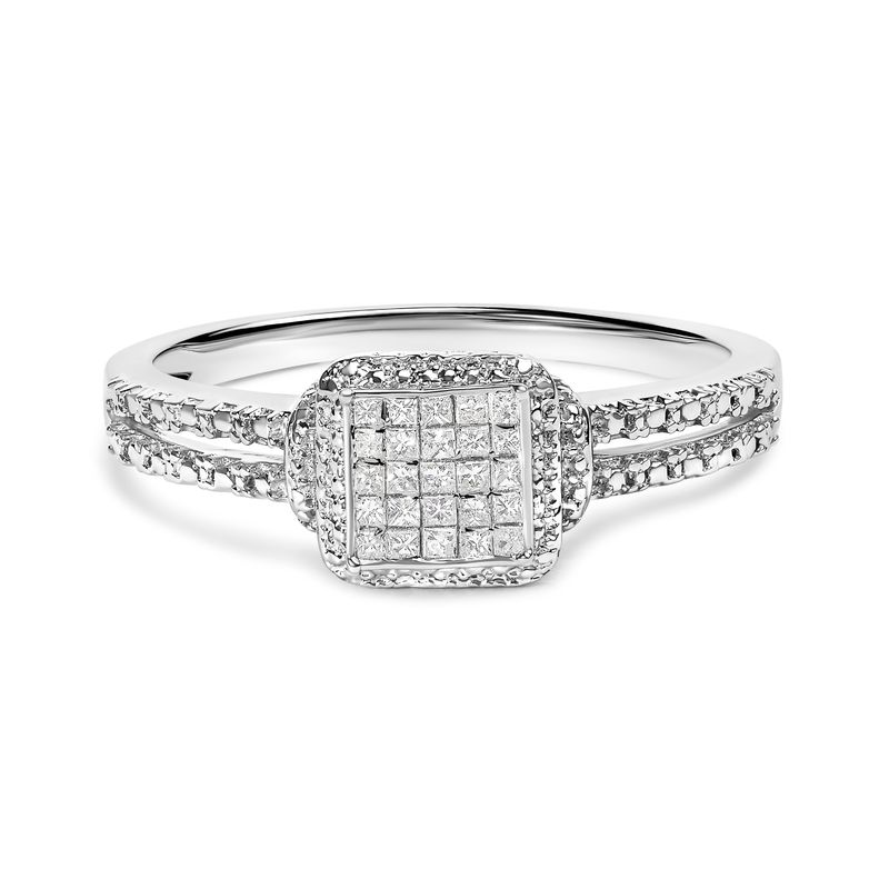 .925 Sterling Silver 1/4 Cttw Princess-cut Diamond Composite Ring with Beaded Halo (H-I Color, SI1-SI2 Clarity) - Size 6