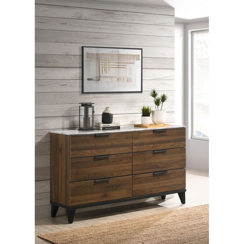 Mays 6-drawer Dresser Walnut Brown with Faux Marble Top