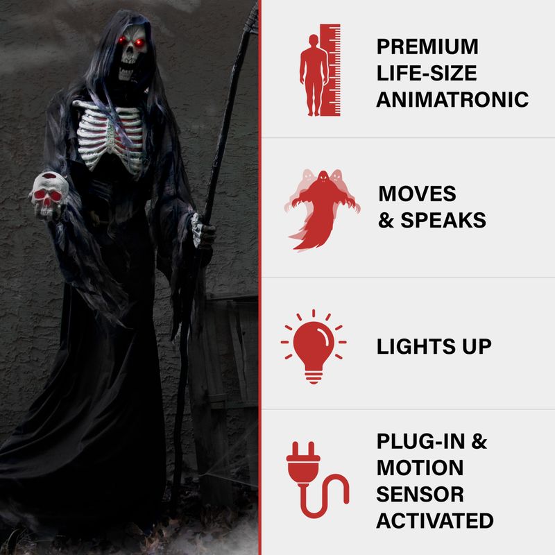 7-Ft. Tall Motion-Activated Rotting Reaper, Premium Talking Halloween Animatronic, Plug-In