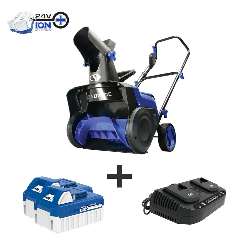 48V 15" 600W Snow Thrower w/9" Depth, Hand-Rotation, 2 x 24V 4AH + Dual Charger