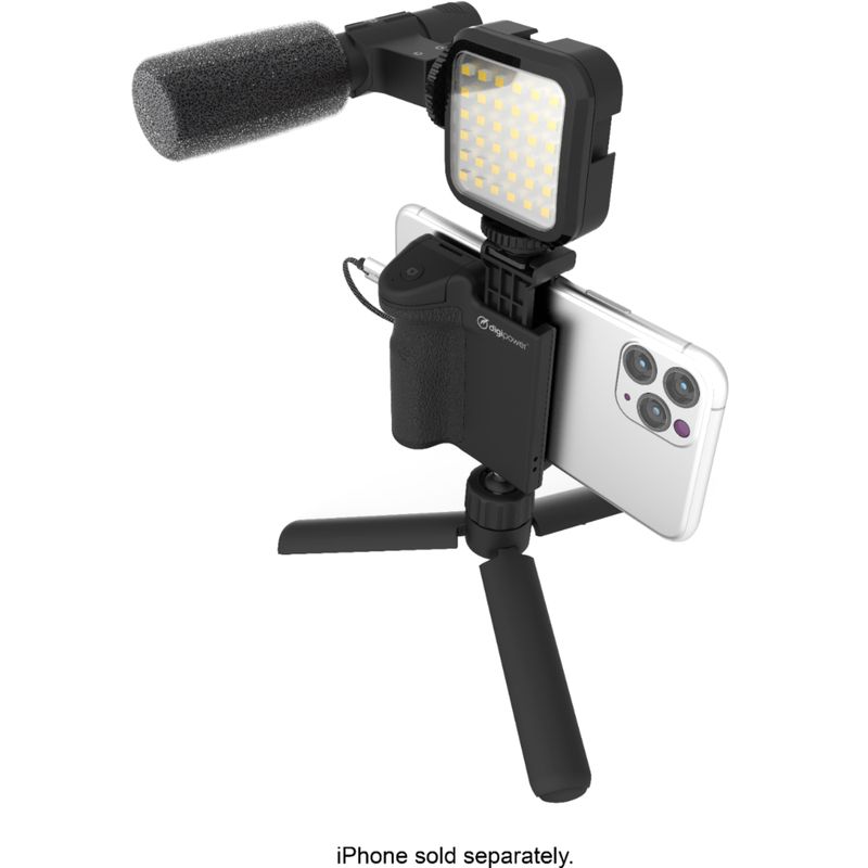 Digipower - Follow ME Vlogging Kit for Phones and Cameras - Includes Microphone, LED light, Bluetooth remote, phone grip and tripod - Black
