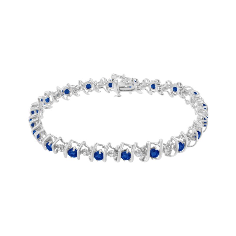 .925 Sterling Silver, Lab-Grown Gemstone and 4 Cttw Round Diamond Tennis Bracelet (H-I Color, I1-I2 Clarity) - Created Blue Sapphire, Septem