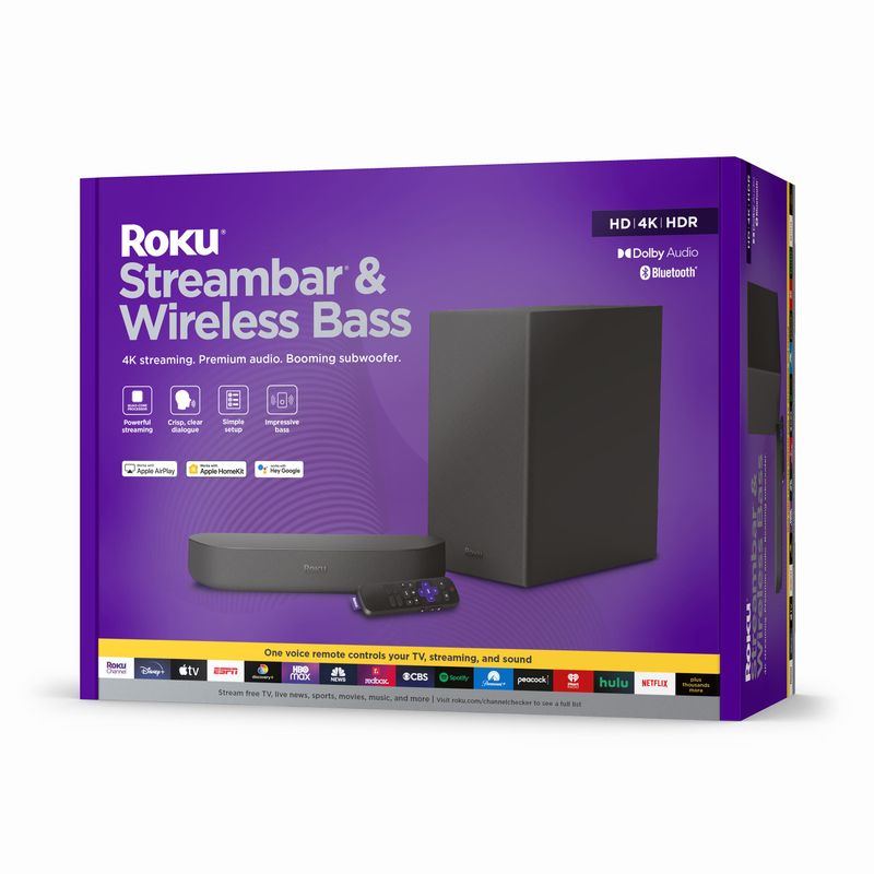 Roku - Streambar Wireless Bass Streaming Media Player with Voice Remote and Subwoofer - Black