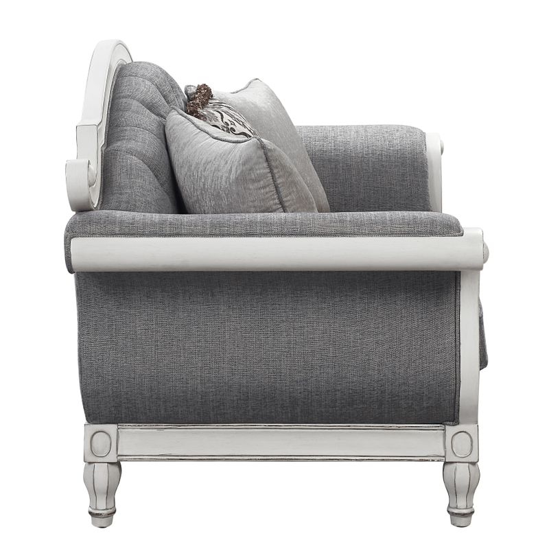 ACME Florian Loveseat w/3 Pillows, Gray Fabric & Antique White Finish