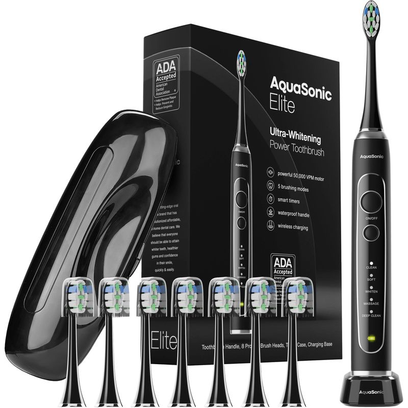 AquaSonic - Elite - Wireless Rechargeable Electric Toothbrush with Travel Case, 5 Modes, 8 Brush Heads - Black