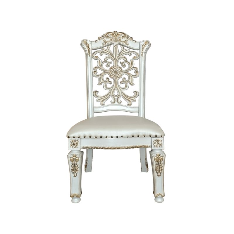 ACME Vendome Side Chair(Set-2), Synthetic Leather & Antique Pearl Finish