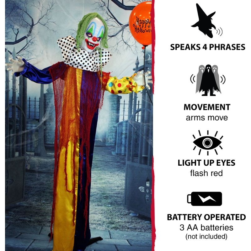 Life-Size Animatronic Clown with Lights and Sound, Indoor or Covered Outdoor Halloween Decoration