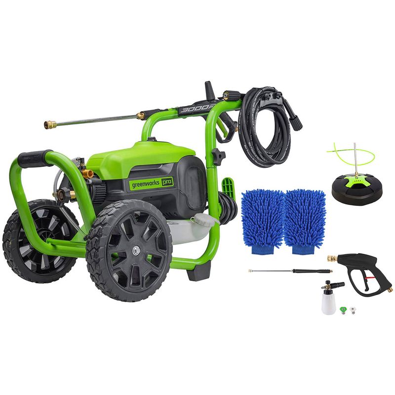 Greenworks - Electric Pressure Washer up to 3000 PSI at 2.0 GPM Combo Kit with short gun, mitts, and 15" surface cleaner - Green