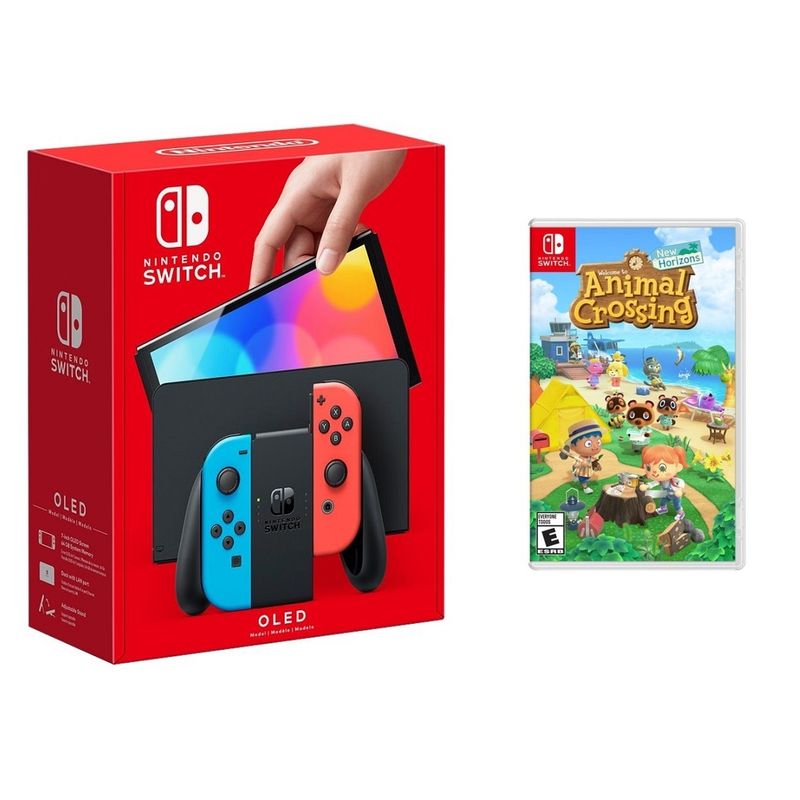 Nintendo - Switch OLED Neon (Red/Blue) + Animal Crossing BUNDLE